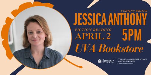 Photo of Jessica Anthony in gray shirt with text for event in navy and orange